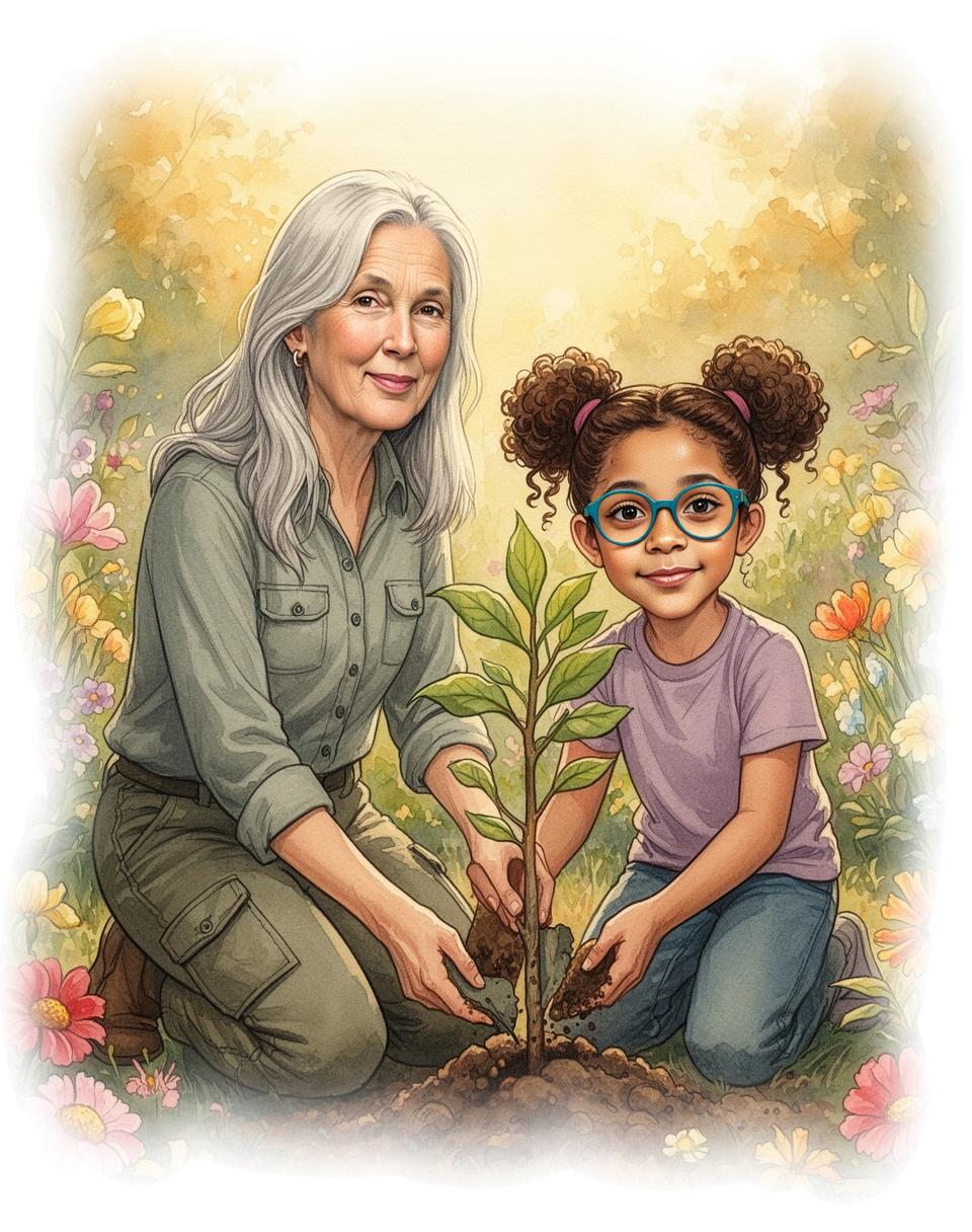 Cover illustration for Jane Goodall and the Roots of Hope